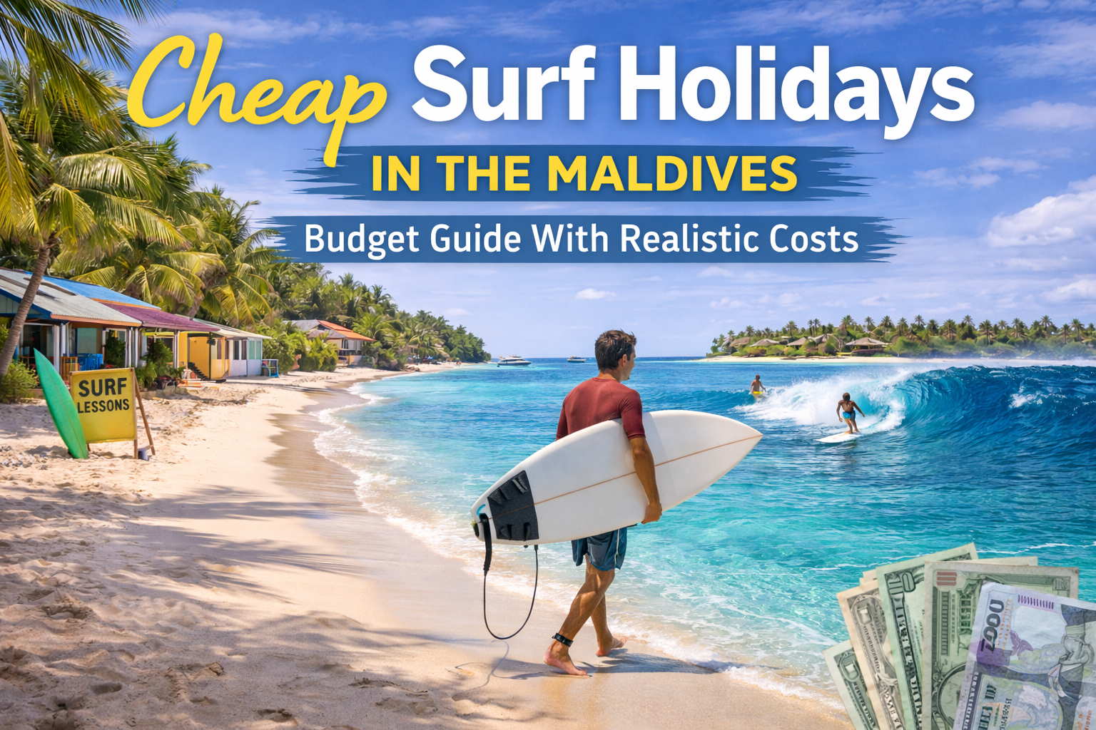 Surfer riding a wave in the Maldives with budget-friendly local island in background