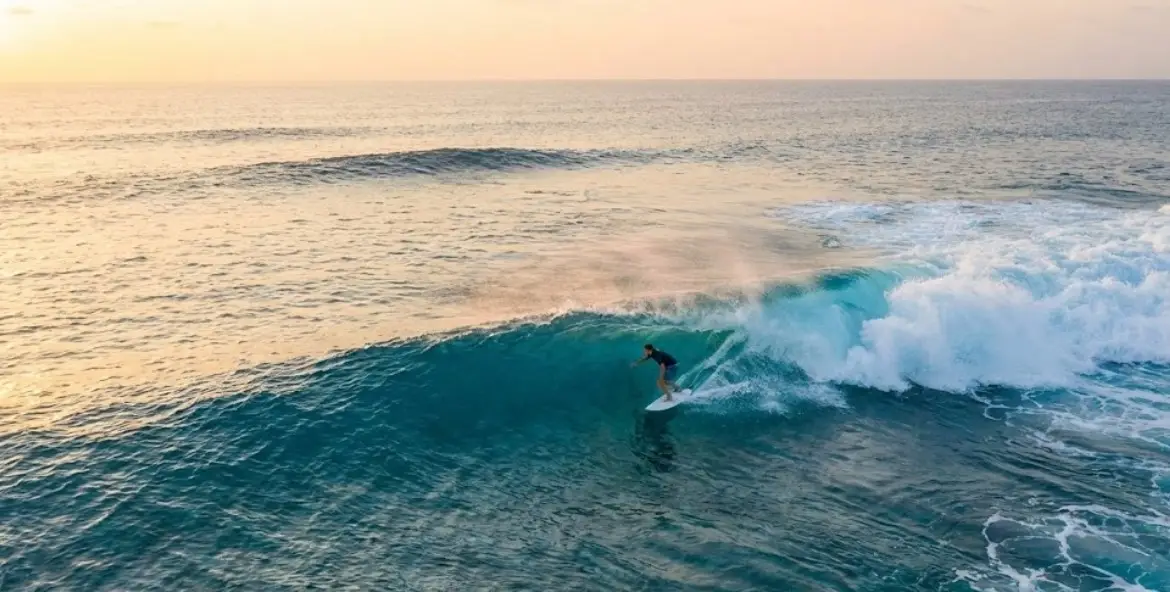 Surfer riding a clean wave in the Maldives with turquoise water and tropical island in the distance