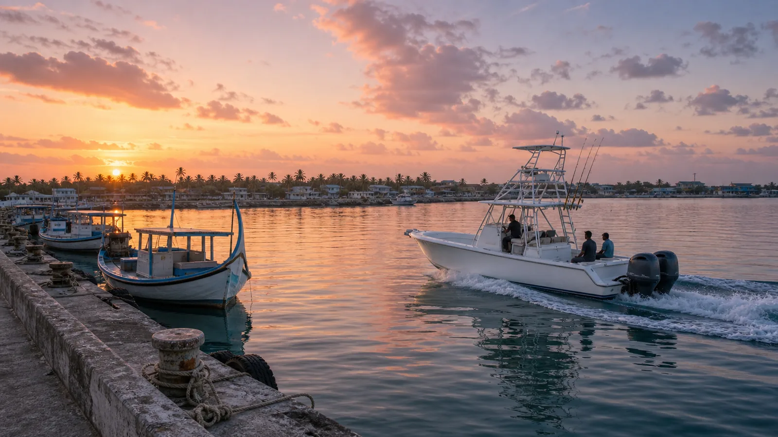 Addu Atoll sport fishing charter vessel departing Hithadhoo harbour at dawn
