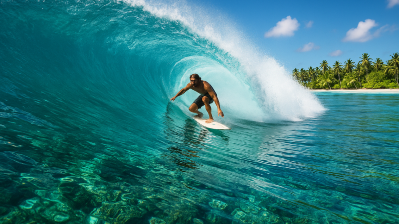 Surfer riding a turquoise reef wave in the Maldives with tropical island in the background