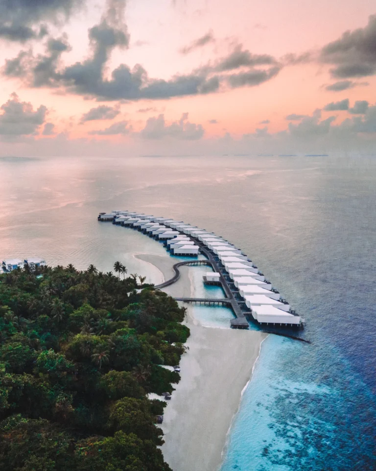 Amilla Maldives Resort and Residences, Baa Atoll: overwater villas at sunset