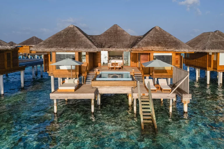 Thatched overwater bungalow with a plunge pool, deck and ladder into the lagoon at Huvafen Fushi, North MalΓ© Atoll, Maldives