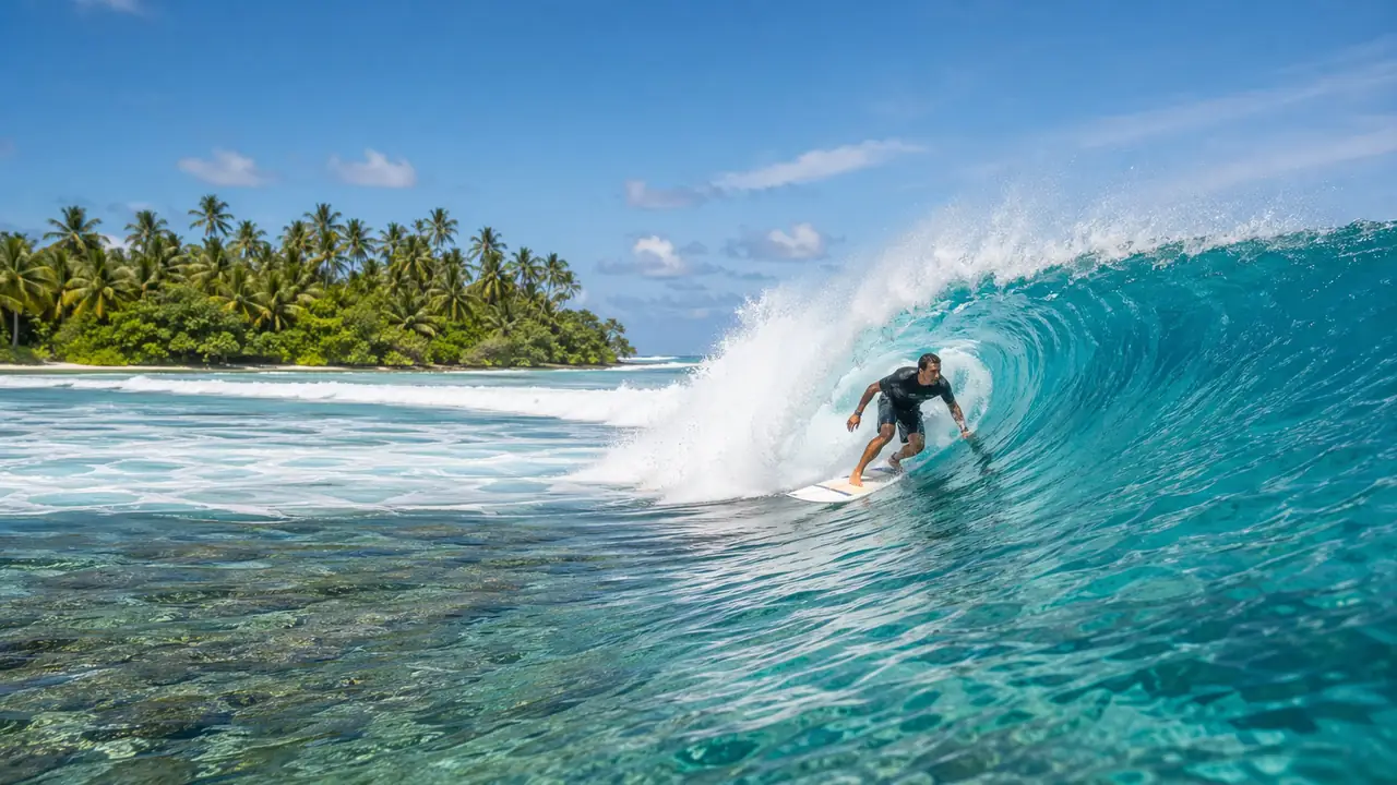Surfer carving on a perfect clean Maldives reef wave during prime surf season