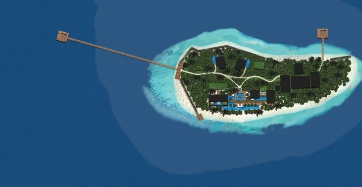 Illustrated plan of Kuda Hithi island showing the reef, the arrival jetty and the residence and villas among the trees, North Malé Atoll, Maldives