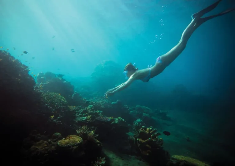 Snorkeller diving down towards a coral reef in clear blue water near Kuda Hithi, North Malé Atoll, Maldives