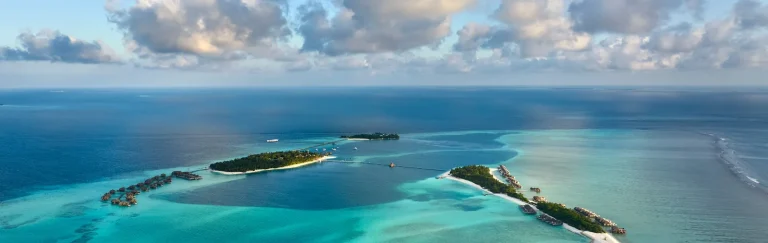 Aerial view of the twin islands of Rangali and Rangali-Finolhu joined by a long bridge across a turquoise lagoon, Conrad Maldives Rangali Island, South Ari Atoll, Maldives