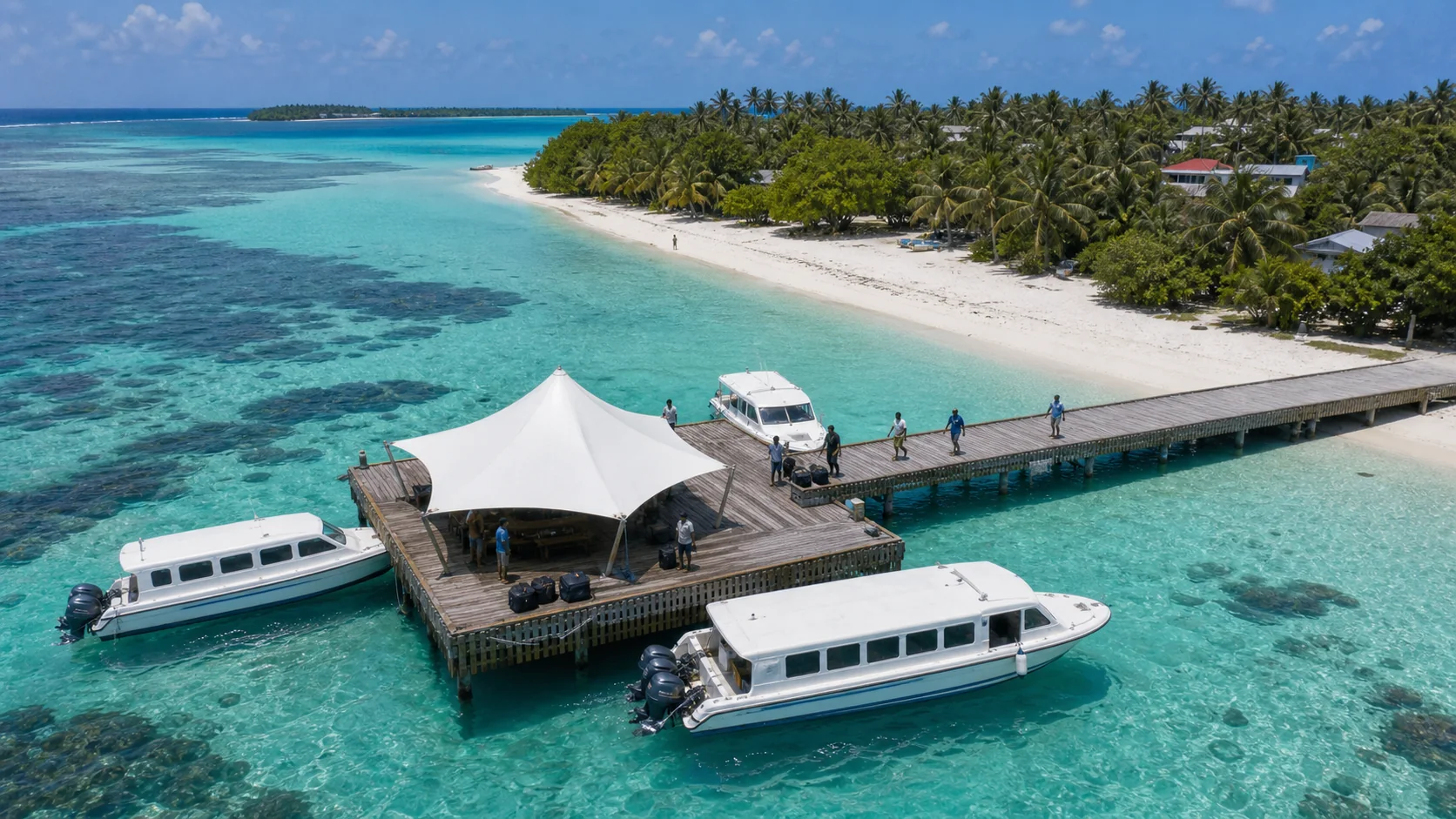 Wooden speedboat jetty at Dhangethi island with speedboats moored alongside, white canopy platform, turquoise reef water and palm trees