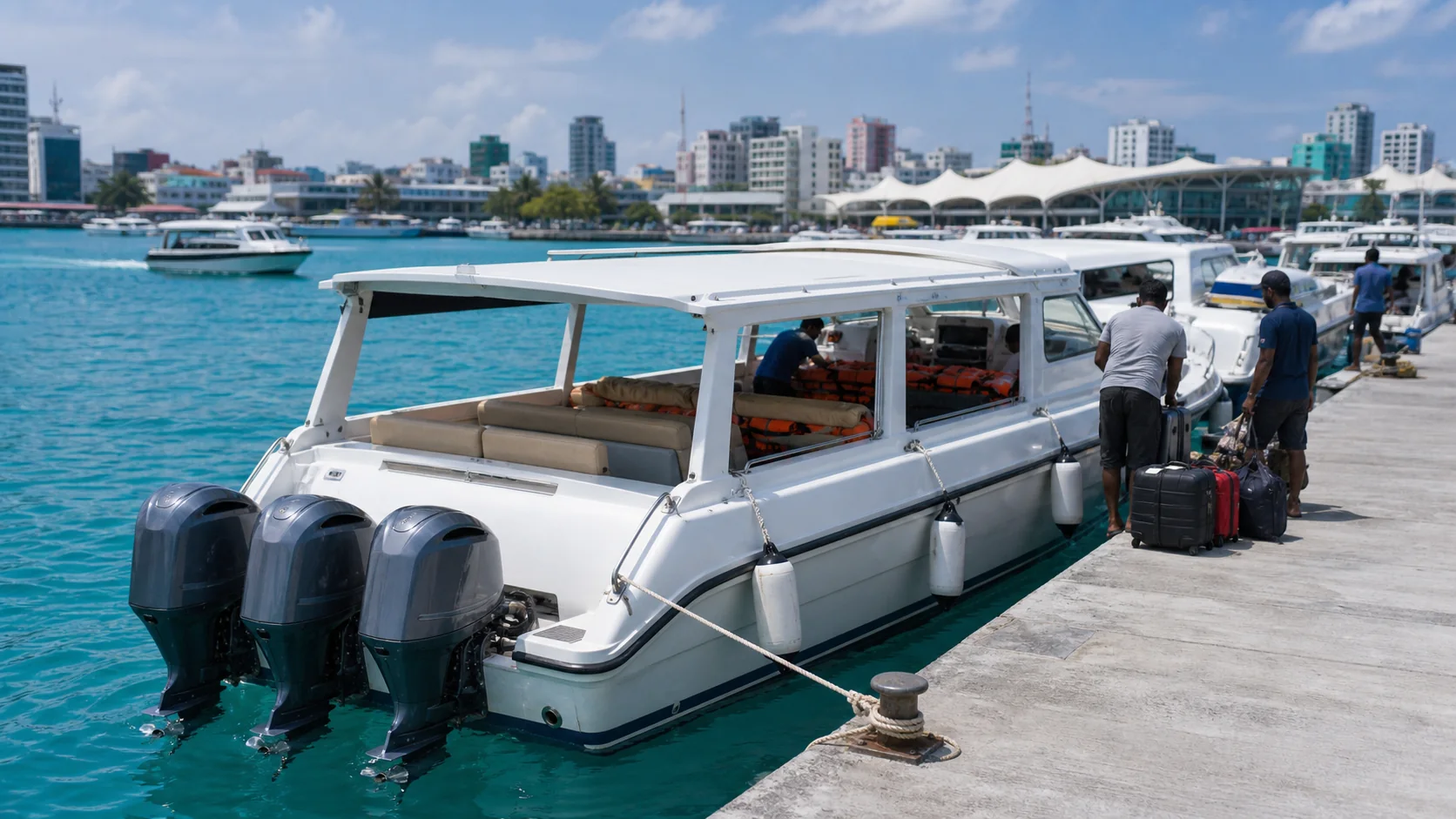 Passenger speedboat moored at a jetty in Malé, Maldives, preparing for departure to a local island