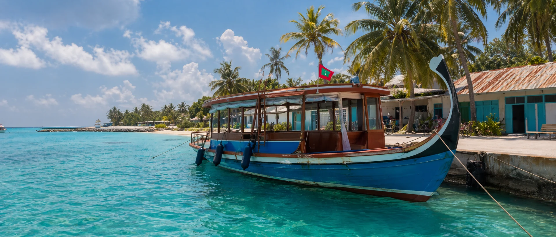 Traditional dhoni cruise boat near a local island jetty in clear turquoise water
