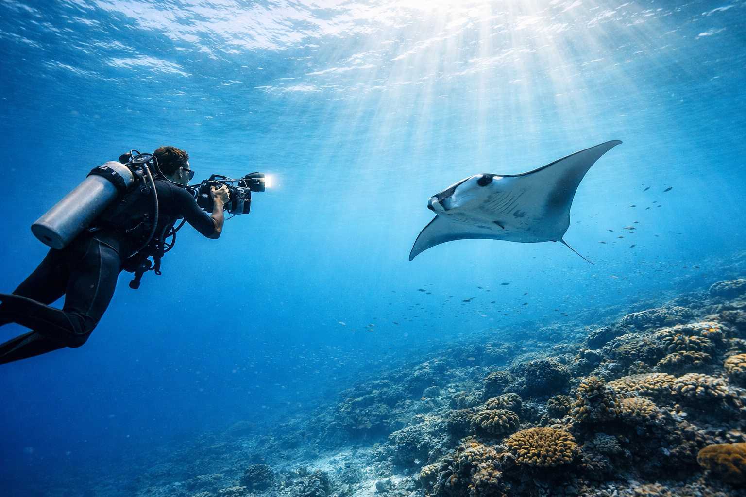 Scuba diver swimming with manta ray on a Maldives diving holiday