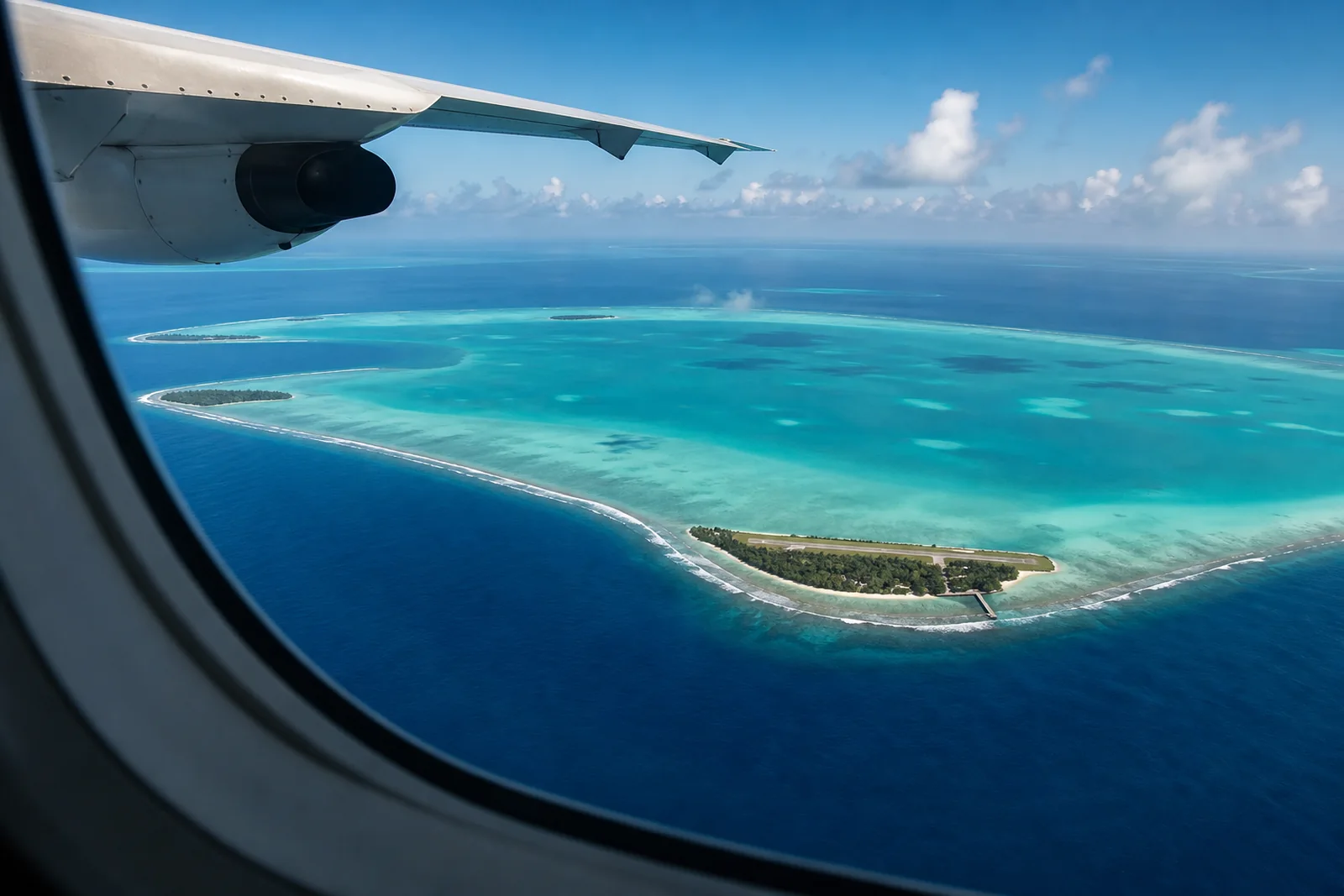 Aerial view through an aircraft window of a large southern Maldivian atoll with reef rim and lagoon, Maldives