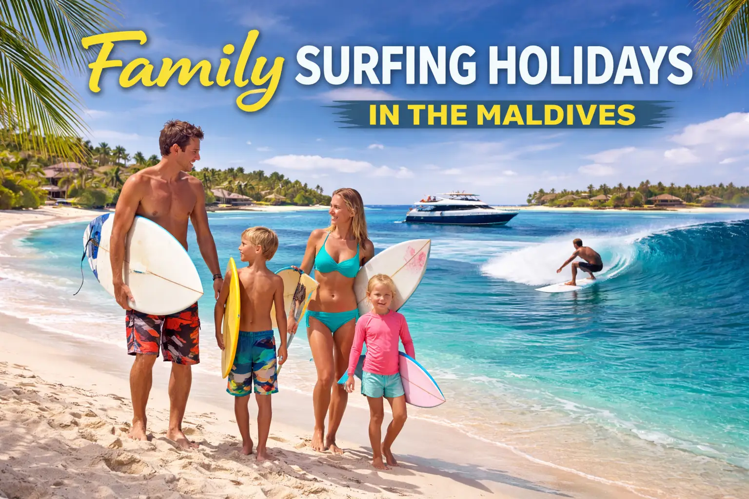 Family enjoying a surf holiday in the Maldives with turquoise water and tropical beach