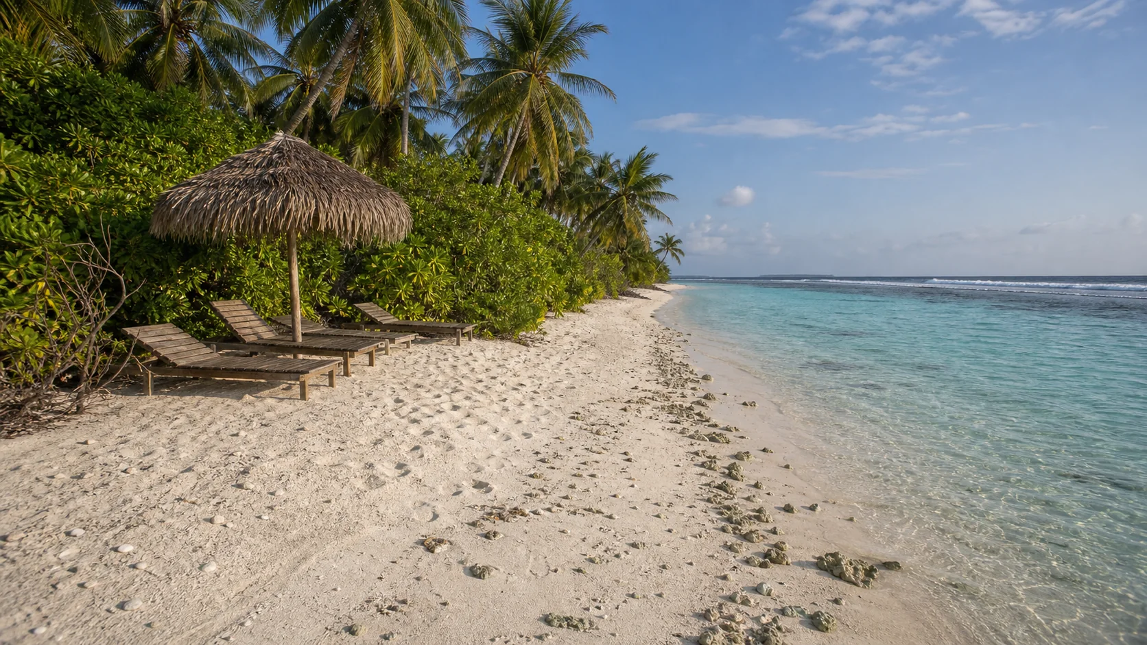 Bikini beach on Felidhoo island, Vaavu Atoll, Maldives, with simple sunbeds and calm shallow water