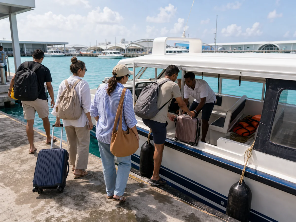 Passengers boarding a shared speedboat at a jetty in Male, Maldives, for transfer to Feridhoo island