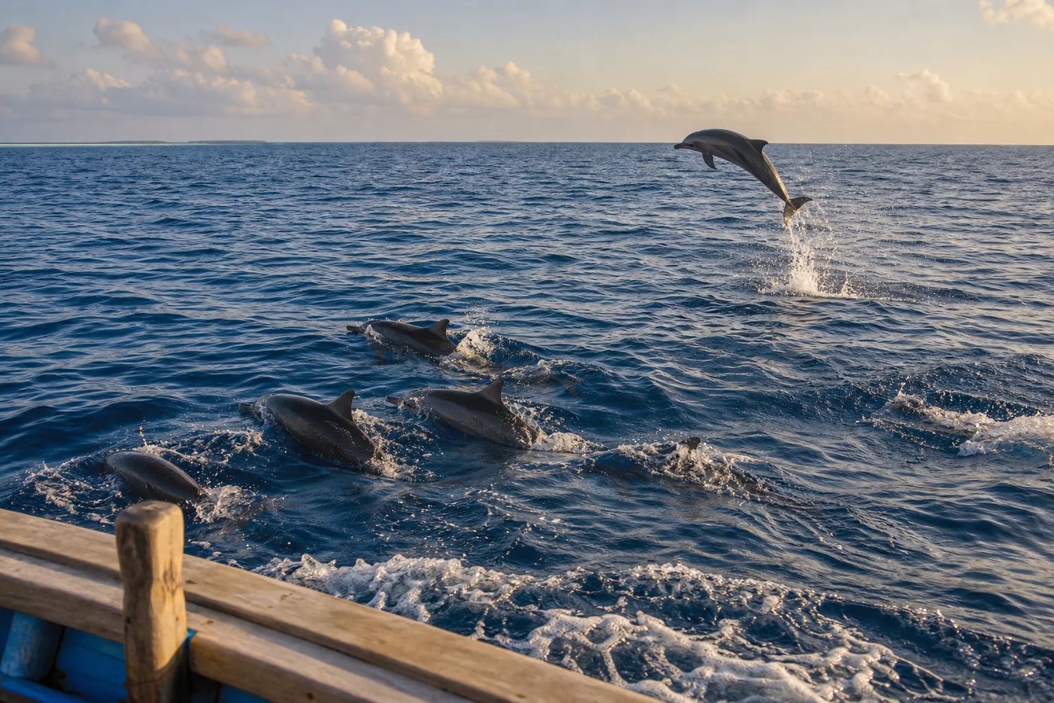 Spinner dolphins near a cruise boat off Fulhadhoo, Baa Atoll, Maldives