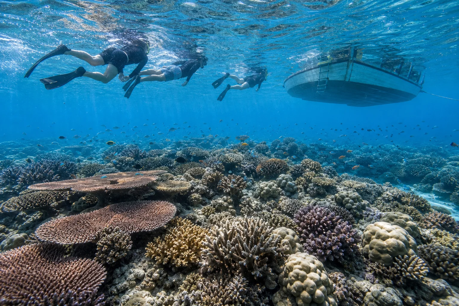 Guided Rose Garden snorkelling trip over coral near Fulhadhoo, Baa Atoll, Maldives