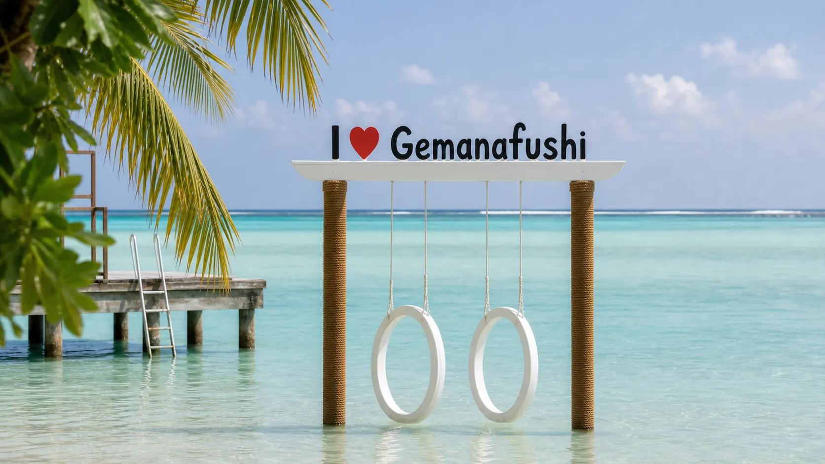Wooden swing in shallow turquoise water at Zero Beach on Gemanafushi island