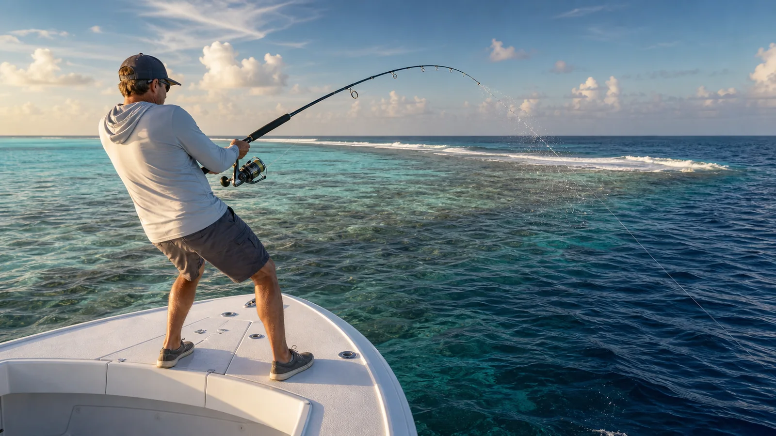Angler hooked into a Giant Trevally on the reef edge of a Maldives atoll