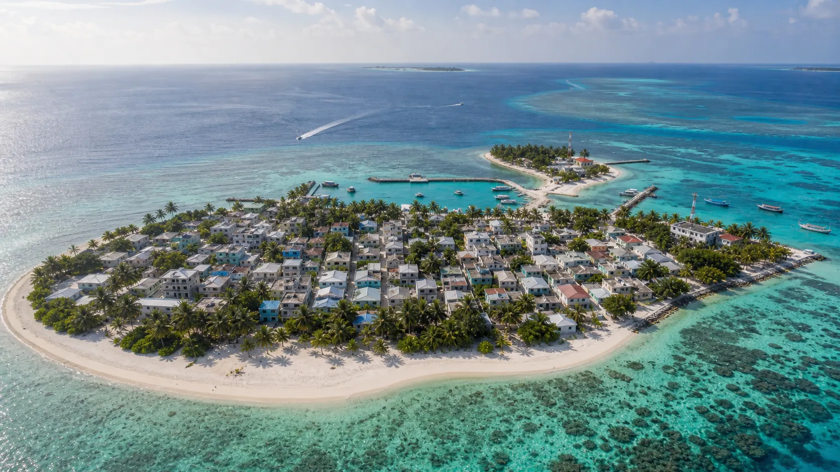 Aerial view of Gulhi island in South Malé Atoll with the harbour and turquoise lagoon