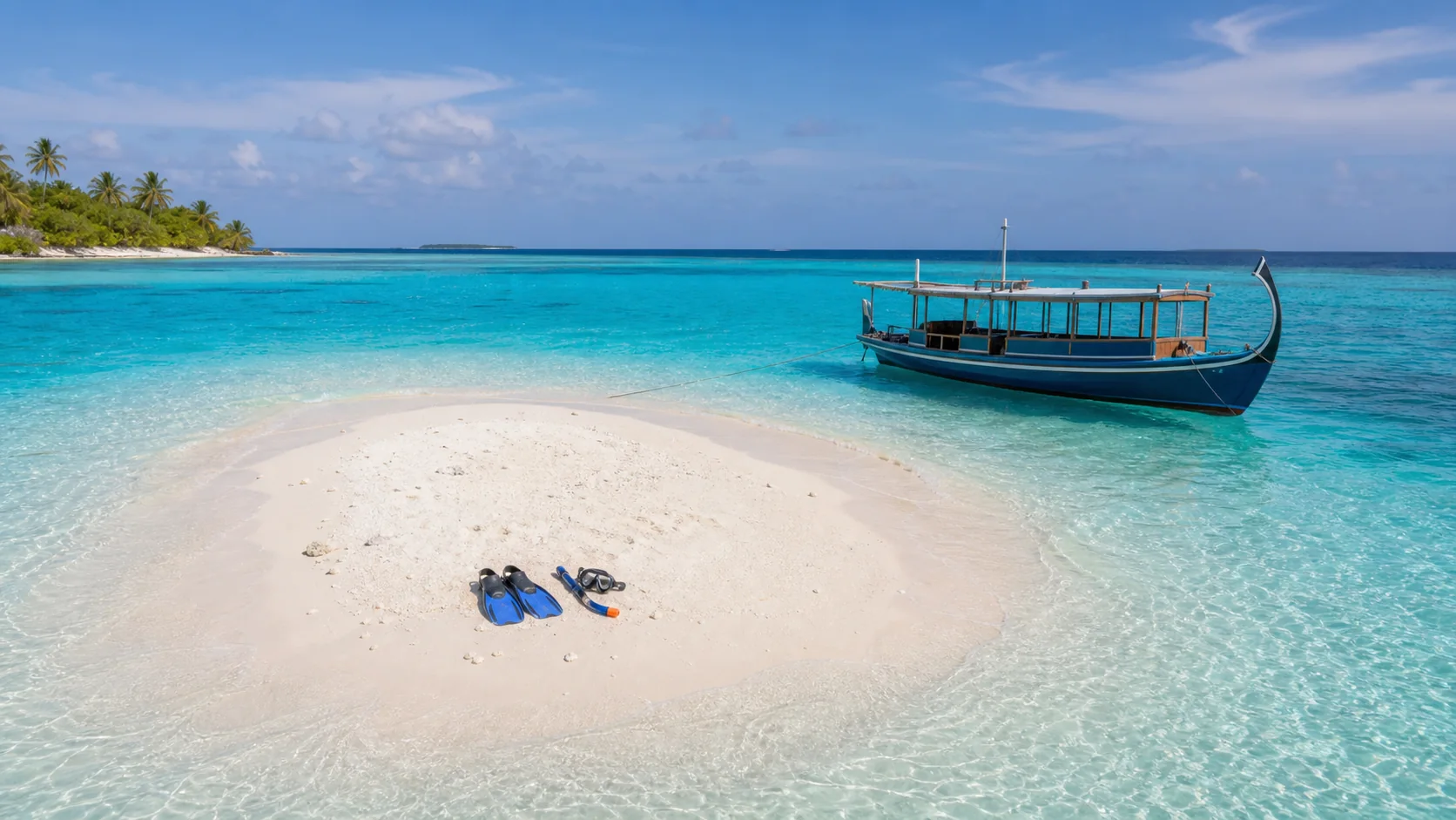 White sandbank in a turquoise Maldives lagoon with a dhoni boat and snorkelling gear