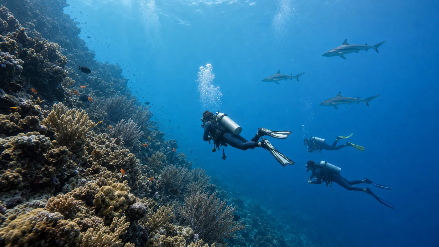 Scuba divers drifting along a reef wall with grey reef sharks at a Guraidhoo channel dive