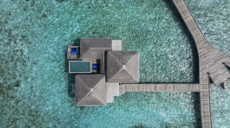 The Overwater Pool Villas from the air, The Halcyon Private Isles Maldives, Gaafu Alifu Atoll