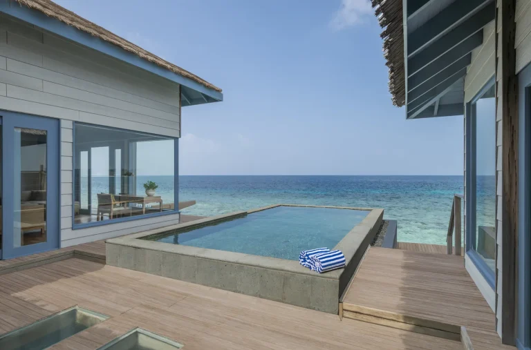 A Sunset Overwater Pool Villa pool deck, The Halcyon Private Isles Maldives, Gaafu Alifu Atoll