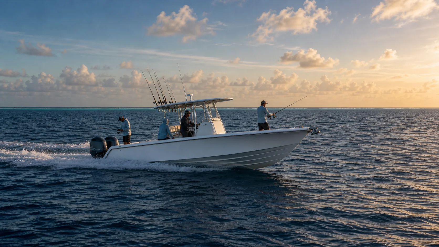 Sport fishing boat crossing a wide channel in Huvadhoo Atoll at dawn