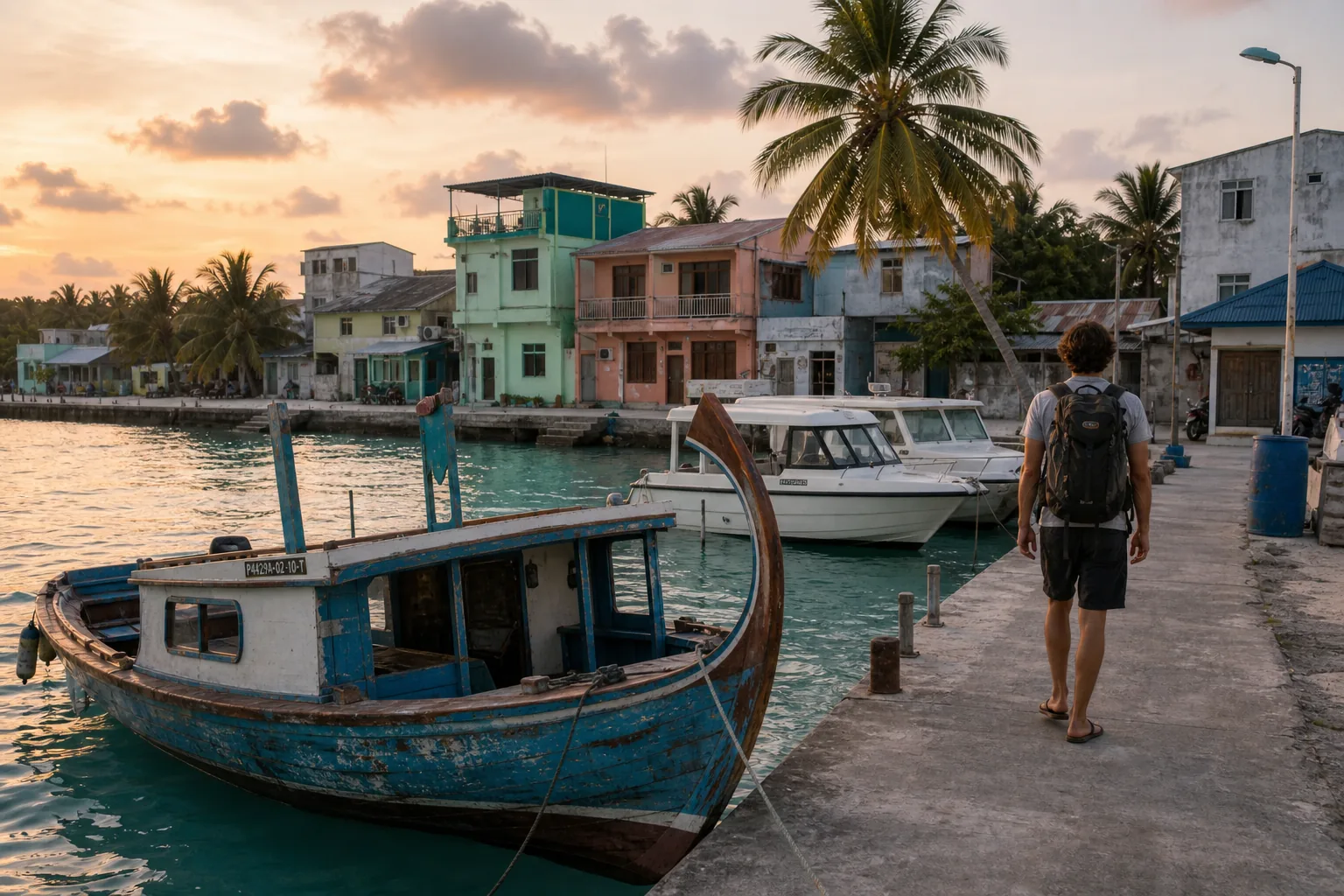 Maldivian local island harbor with traditional dhoni boats and guesthouses at sunset