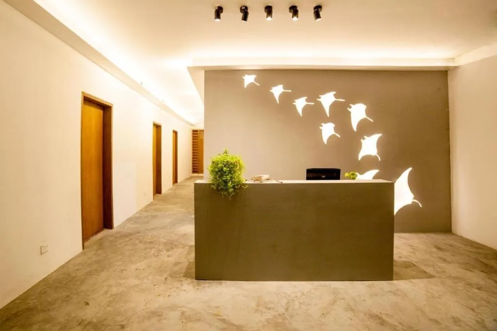 Hotel reception with backlit desk, wall-mounted TV, plant, and three-dimensional flying-bird mural above the counter at Island Scuba, Dhangethi, Maldives