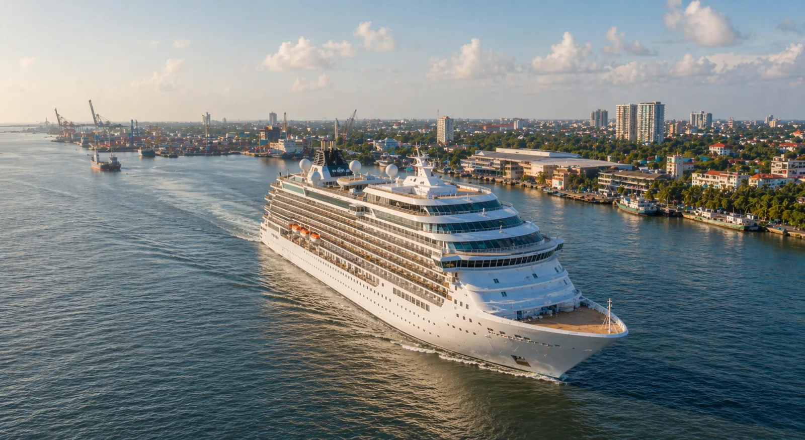 Cruise ship departing Kochi harbour in Kerala for a Kochi to Maldives cruise page