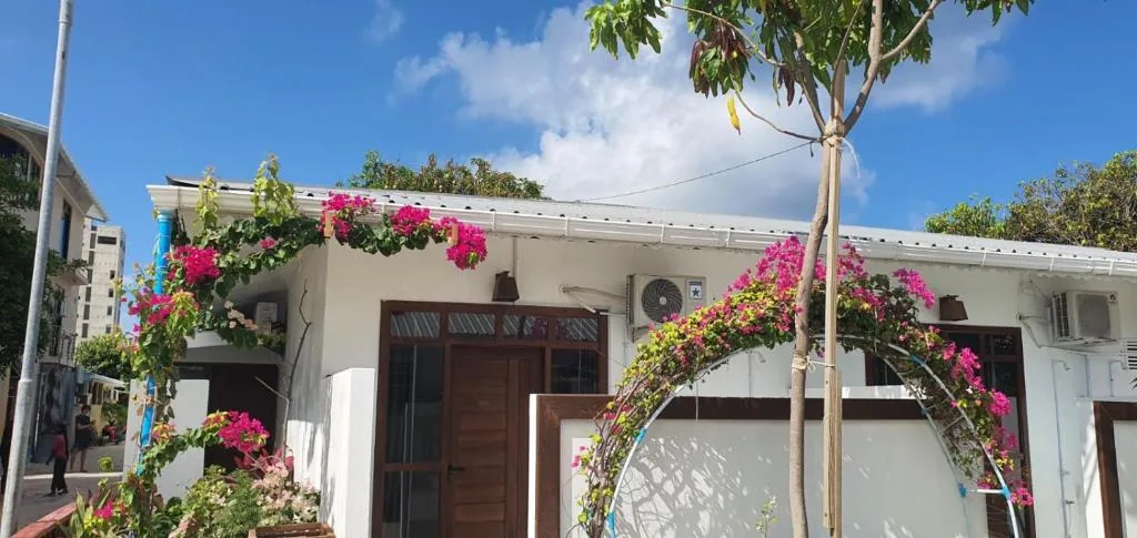 White house with flowers in front of it at Luk Inn at Huraa, Huraa, Maldives