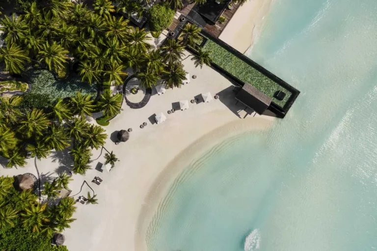 Aerial view of the family pool and beach at One&Only Reethi Rah, North MalΓ© Atoll