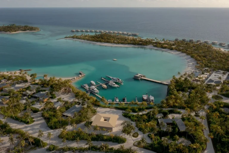 Aerial view of Patina Maldives on the Fari Islands, North MalΓ© Atoll