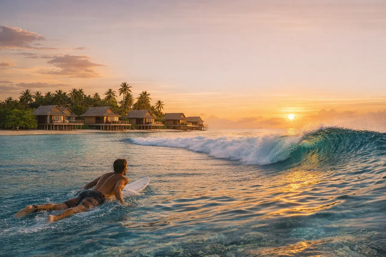Luxury Maldives surf resort with overwater villas and a surfer on a clean turquoise reef wave