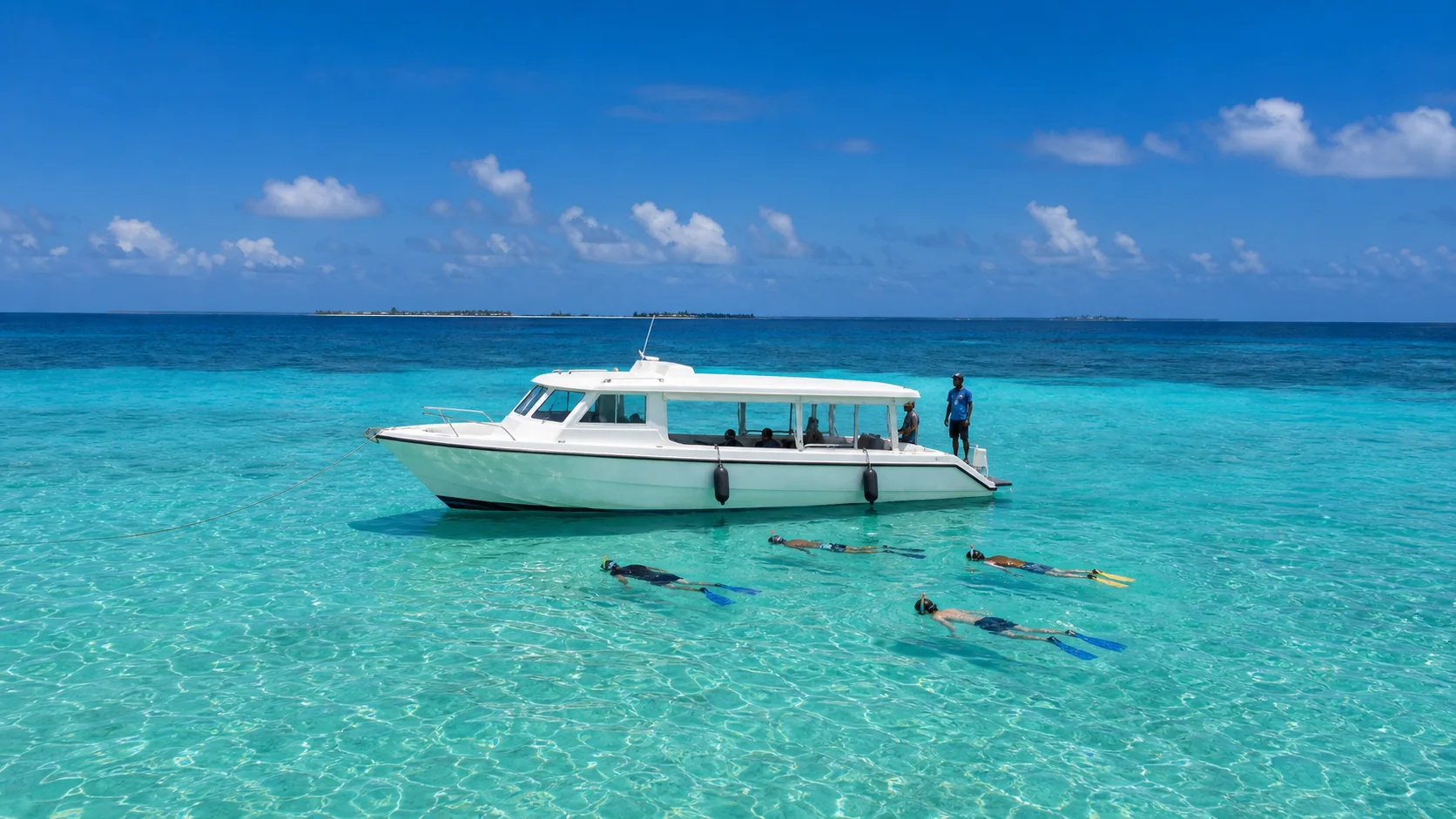 Snorkelling excursion boat in South Malé Atoll off Maafushi island, Maldives, with turquoise water