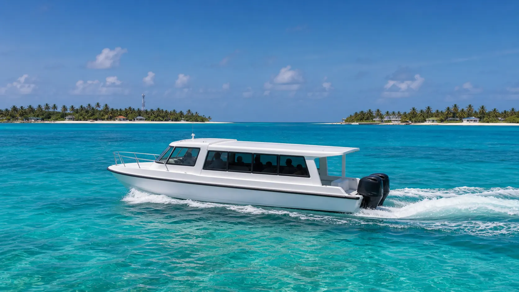 White speedboat crossing turquoise water between two Maldivian islands