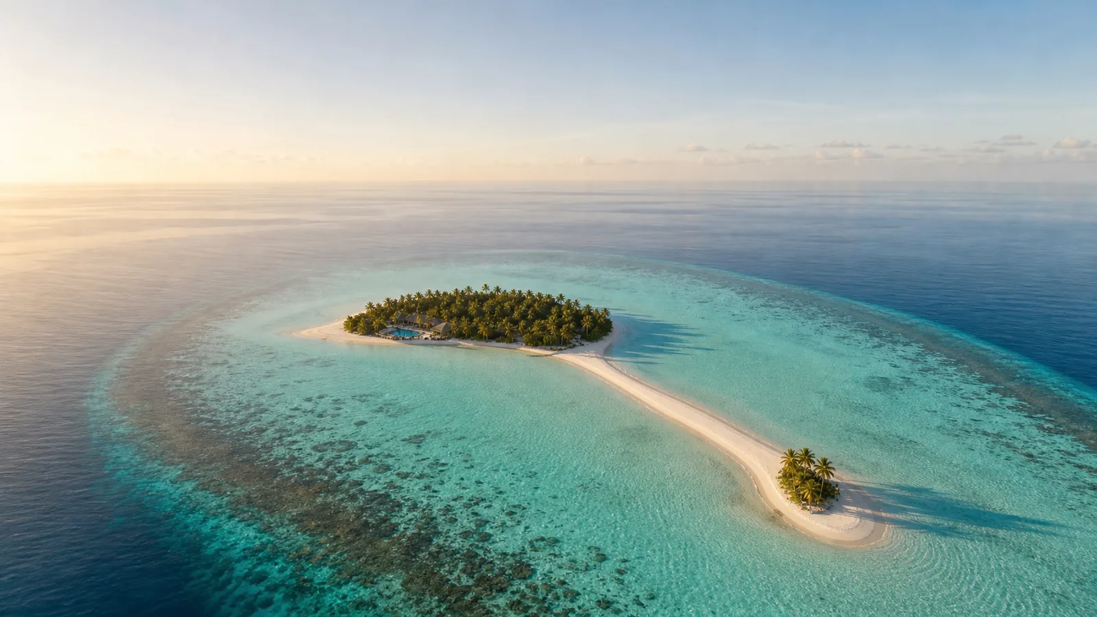 Aerial view of a Maldives atoll with calm turquoise lagoons during the dry season