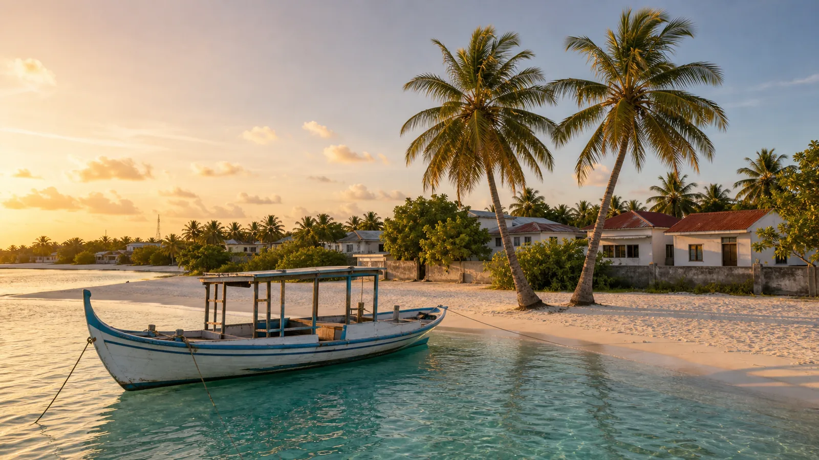 Maldives local island lagoon with traditional dhoni boats and turquoise water for budget vacation