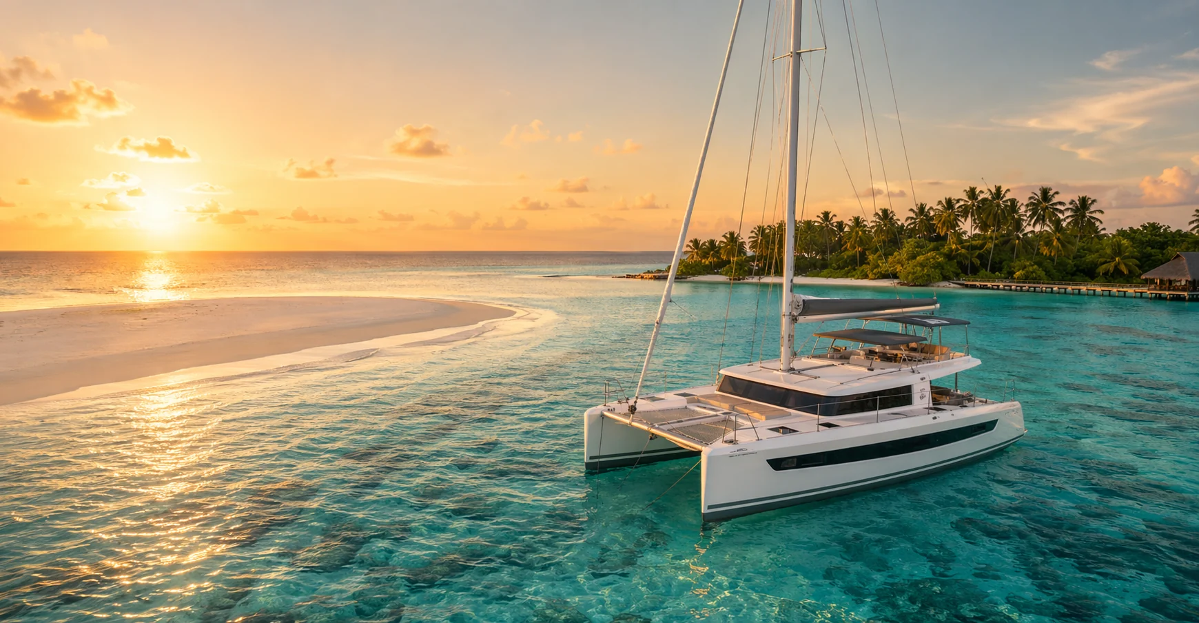 Maldives catamaran charter anchored near a sandbank at sunset