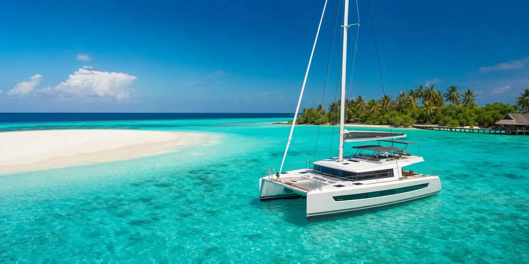 Catamaran cruise Maldives sailing in a turquoise lagoon near a white sandbank