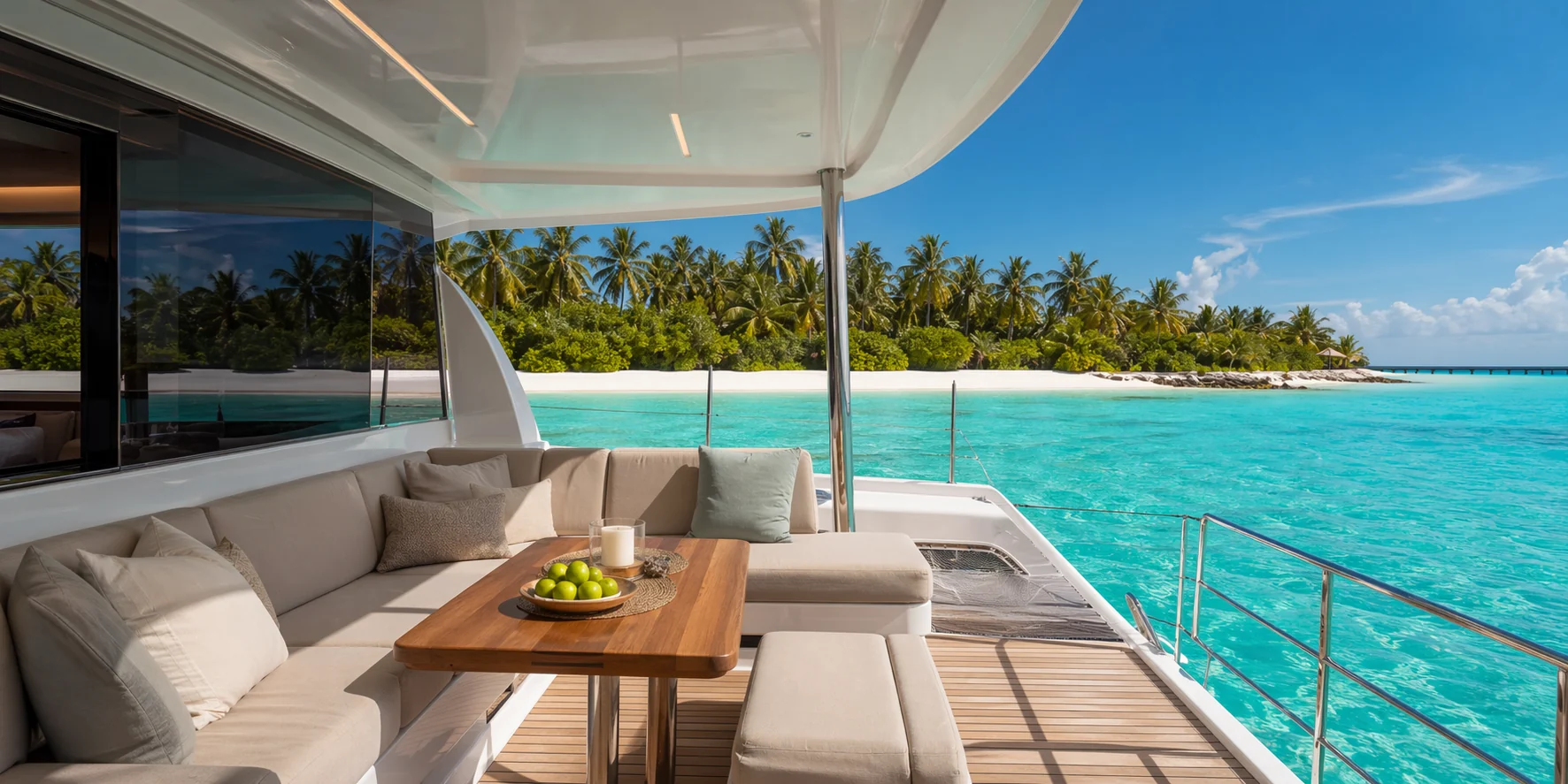 Maldives catamaran deck lounge with lagoon and palm island backdrop