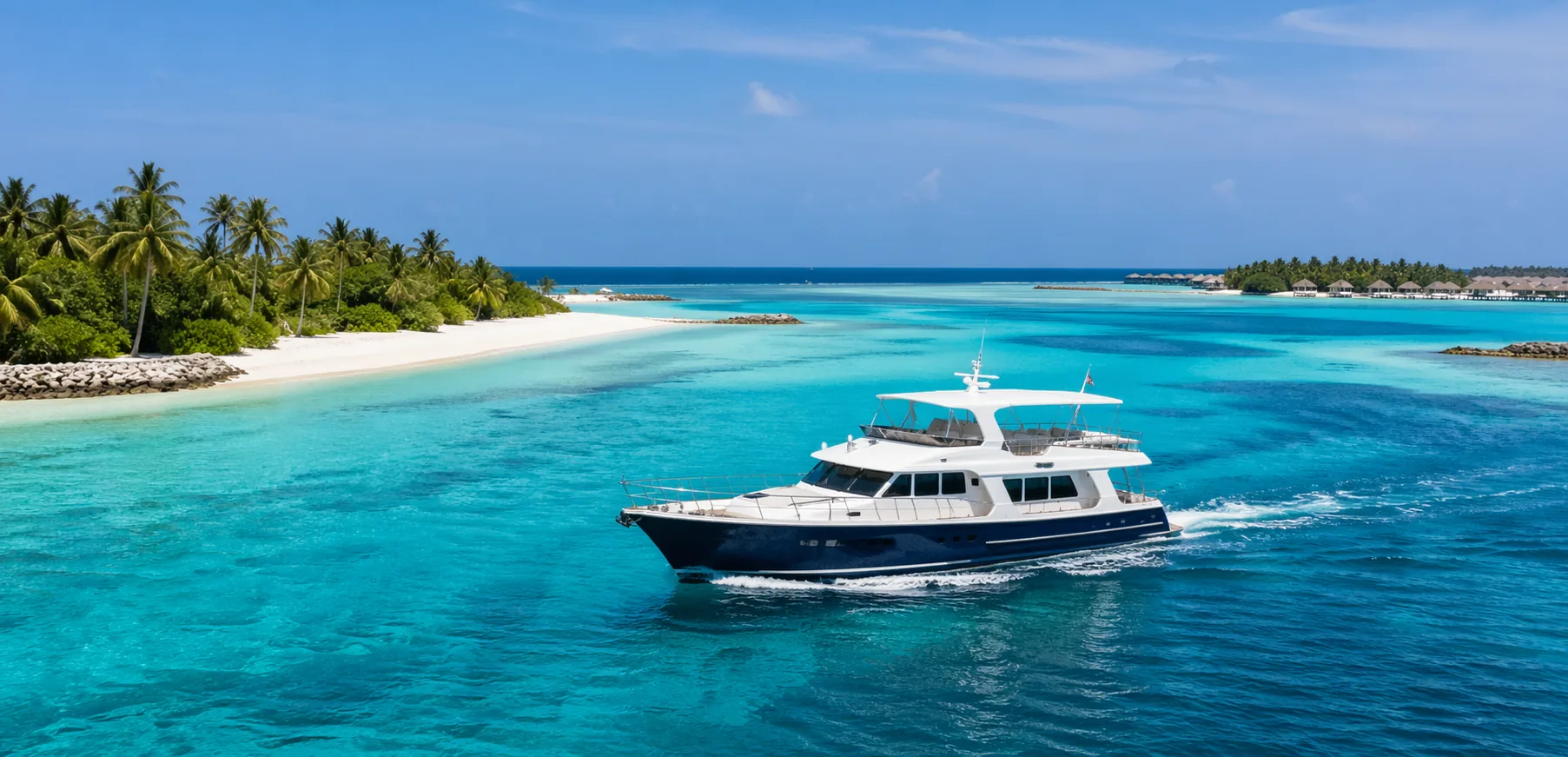 Maldives cruise boat in a turquoise lagoon with white sand islands and clear tropical water