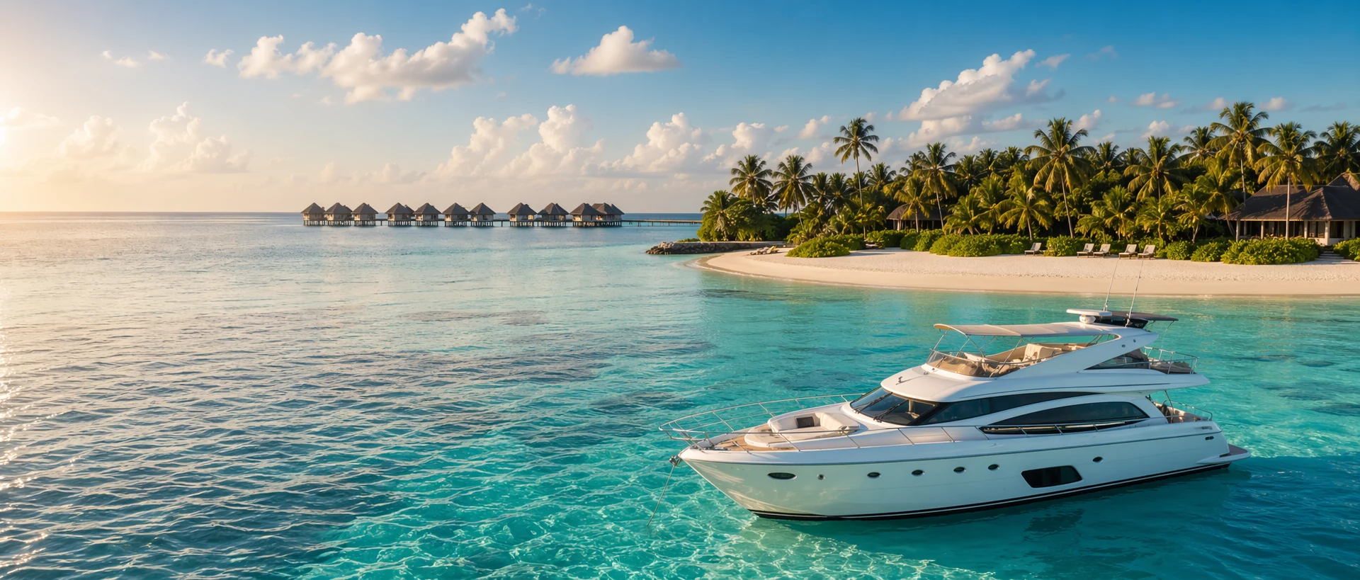 Premium Maldives cruise package yacht in a turquoise lagoon near a luxury island resort