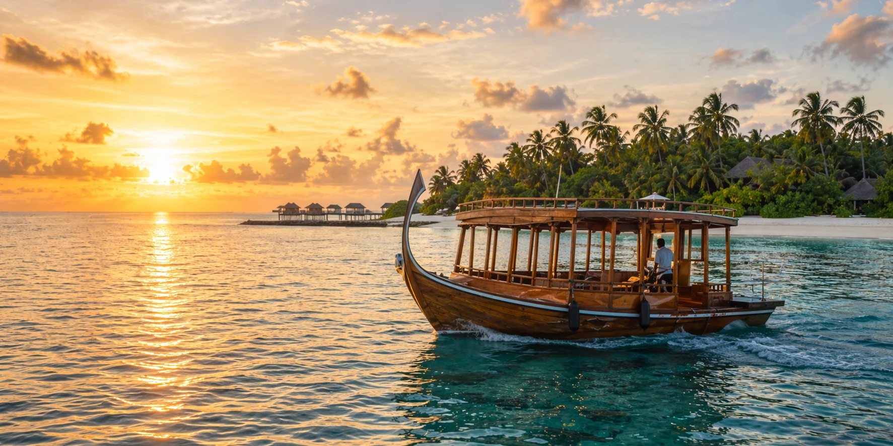 Traditional Maldivian dhoni cruise at golden hour near a tropical island