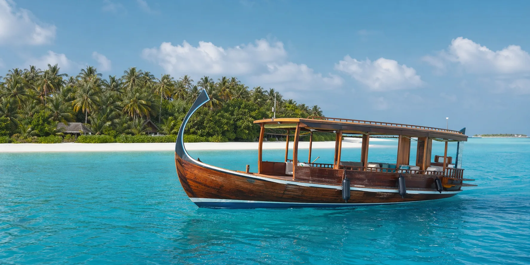 Traditional Maldivian dhoni boat cruising on calm blue water near a local island
