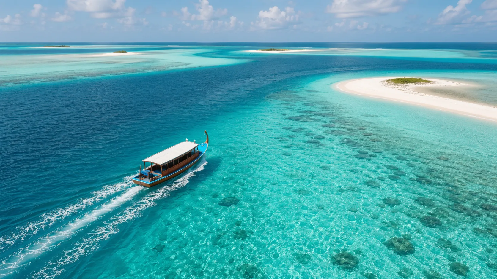 Aerial view of a Maldivian lagoon with a wooden dhoni speedboat heading toward a sandbank