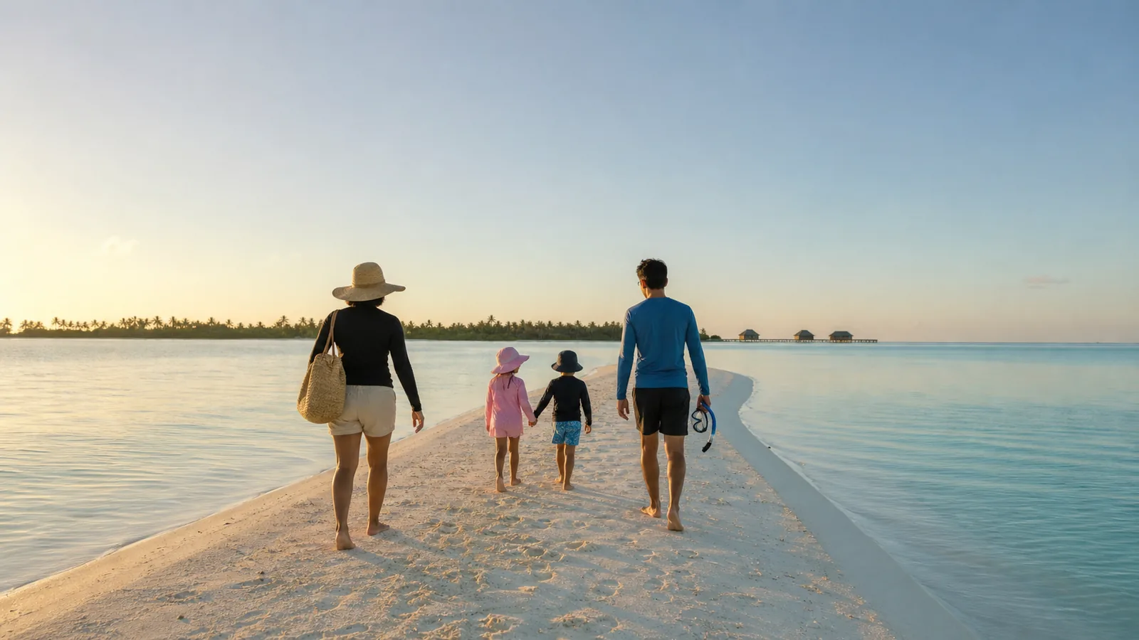 Family walking along a Maldives sandbank during golden hour on a family vacation