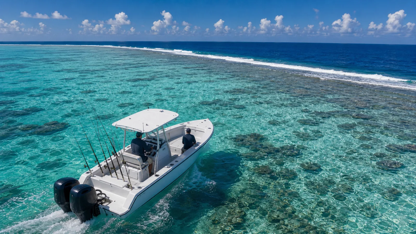 Sport fishing vessel crossing turquoise Maldives waters with an atoll reef edge in the distance