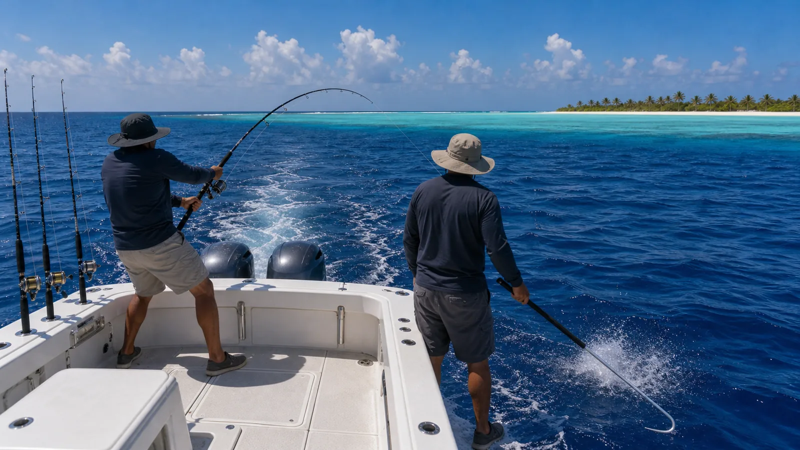 Two anglers fighting fish on a sport fishing boat with a Maldives atoll horizon and turquoise water